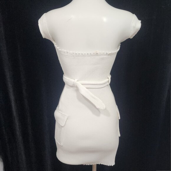Hot & Delicious Fitted Stretch Mini Dress White W/Arm Cuffs & Cargo Pockets Sz M - Picture 9 of 14
